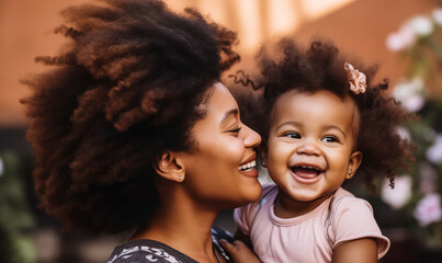African-American Mother Lovingly Kissing Her Smiling Baby Girl - obrazy, fototapety, plakaty