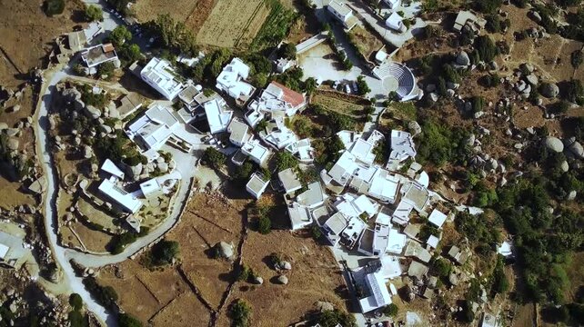 Bird's-eye drone footage over Volax mountain village on the Volax Plateau in Tinos island, Greece