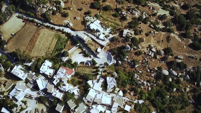 Aerial footage over Volax (Volakas) mountain village on the Volax Plateau in Tinos island, Greece