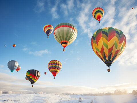 Colorful hot air balloons decorated as Christmas ornaments floating in a winter sky