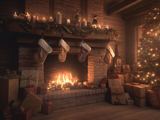 Obraz na płótnie Canvas Cozy fireplace scene with stockings hanging and presents underneath