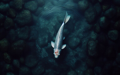 Koi fish in the pond Peace and wisdom concept. Top view Fish swimming Japanese style ZEN - obrazy, fototapety, plakaty