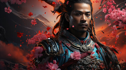 samurai with blossom tree in the background created with Generative AI technology