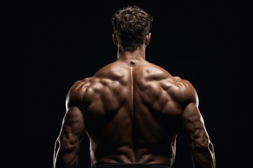 Fototapeta na wymiar muscular man back view of a bodybuilder athlete in dark background. ai generative
