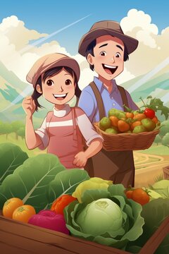illustration of a happy kids farmer in the vegetable garden