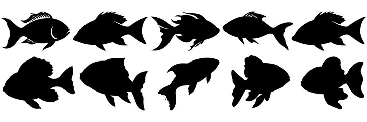 Fish silhouettes set, large pack of vector silhouette design, isolated white background