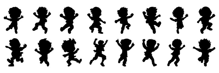Jumping kids silhouettes set, large pack of vector silhouette design, isolated white background