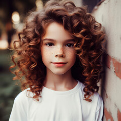 photo of a boy with beautiful curly hair and freckles all over her face. ai generative