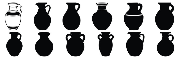 Egyptian vase silhouettes set, large pack of vector silhouette design, isolated white background - obrazy, fototapety, plakaty