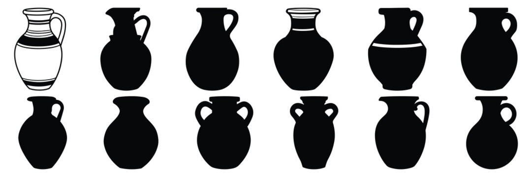 Egyptian vase silhouettes set, large pack of vector silhouette design, isolated white background