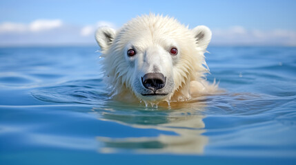 Fototapeta premium Polar bear (Ursus maritimus) swims in the sea, among the ice, at the poles. Selective focus on the head. 