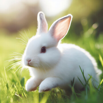 photo of a rabbit running with sunny face. ai generative