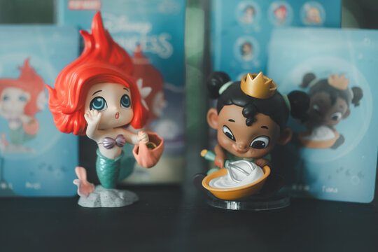 Bangkok, Thailand - November 11, 2023: POP MART Disney 100th anniversary Princess Childhood Series Figures, Ariel and Tiana