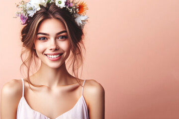 Naklejka premium Portrait of a young cheerful woman with a hairstyle decorated with a flower wreath on her head. ai generative