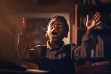 African American school boy raising hands, AI generated