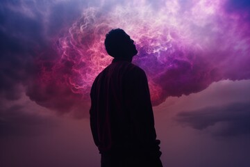 Man dreaming, silhouette of a man on magenta sky, AI generated