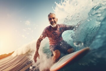 Man surfing a wave on a surf board, AI generated - obrazy, fototapety, plakaty