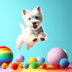 Fototapeta na wymiar West Highland White Terrier dog jumping on color background. ai generative