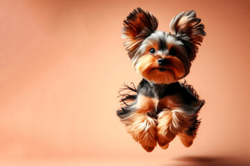 Yorkshire Terrier Dog Jumping on color Background. ai generative