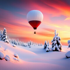 Fototapeta na wymiar Snowy Mountains with Snow Covered Trees at Sunset with a Red and White Hot Air Balloon