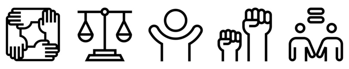 Conjunto de iconos de derechos humanos. Manos entrelazadas, balanza de justicia, persona con brazos alzados, puños arriba, igualdad. ilustración vectorial