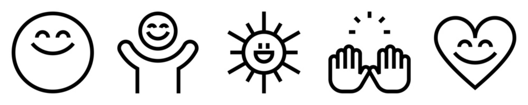 Conjunto de iconos de felicidad. Alegr&iacute;a. Carita feliz, persona alegre, sol radiante, manos celebrando, coraz&oacute;n contento. Ilustraci&oacute;n vectorial