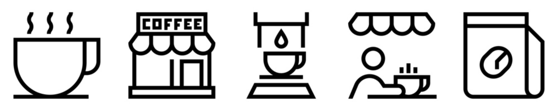 Conjunto de icono de cafeter&iacute;a. Bebida caliente. Taza de caf&eacute;, cafetera expresso, persona tomando caf&eacute;, bolsa del producto. Ilustraci&oacute;n vectorial