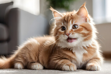 cute fluffy orange kitten sitting in the living room
