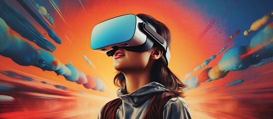 Young woman wearing VR or virtual reality on panoramic neon background.AI generated