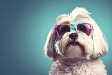Creative animal concept. Havanese dog puppy in sunglass shade glasses isolated on solid pastel background, commercial, editorial advertisement, surreal surrealism.	
