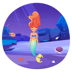 Beautiful mermaid with long hair and fish tail. Cute underwater princess in shell bra. Colored cartoon vector illustration