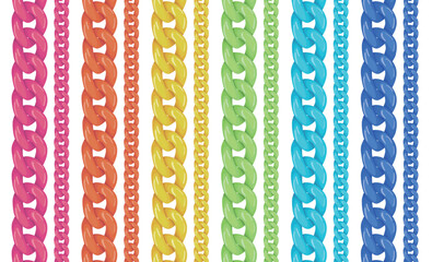 Plasctic chains vector illustration isolated on white background, colorful modern bijouterie design, rainbow colors plastic chains, red yellow, blue green jewelry concept