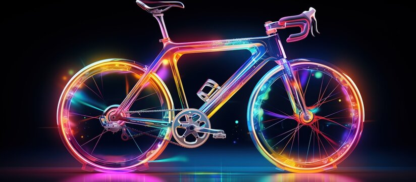 Colorful hologram bicycle drawing style on black background. AI generated image