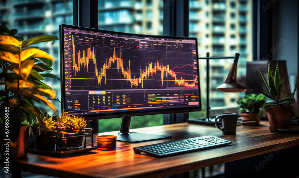 Poster financial insights with ai: office computer screen showcasing stock analysis