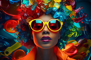 Obraz premium Fashion woman in neon light, portrait of beauty model with fluorescent colour and makeup. Sunglasses. Sustainable Reused Slow Fashion.