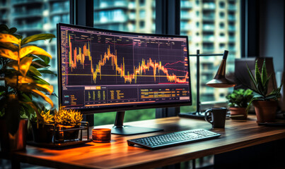 Financial Insights with AI: Office Computer Screen Showcasing Stock Analysis