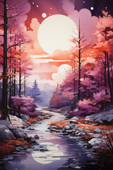 Red winter forest landscape, pink snowy trees and bright lights.