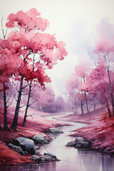 Red winter forest landscape, pink snowy trees and bright lights.