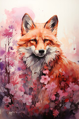 Red fox among pink flowers.
