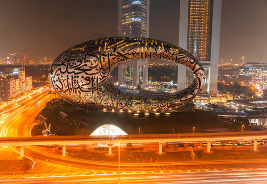Dubai, United Arab Emirates - October 11, 2023: Museum of the Future in Dubai at night