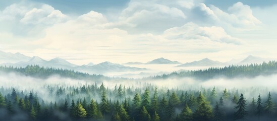 Foggy mountain with fir cedar forest nature landscape background. AI generated