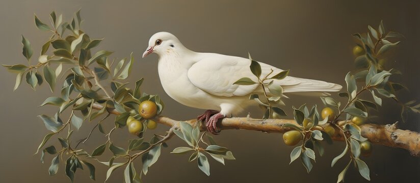 A peace white dove stay on olive branch tree isolated background. AI generated image
