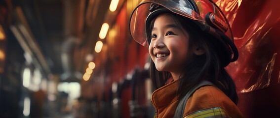 Portrait of smiling asian little girl wearing firefighter uniform standing in fire truck.