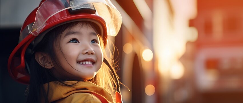 Portrait of smiling asian little girl wearing firefighter uniform standing in fire truck.