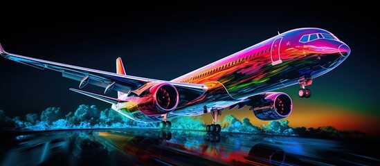 Colorful holographic airplane transportation on dark background. AI generated image - obrazy, fototapety, plakaty