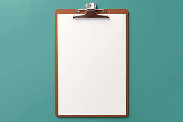 Mockup of copper clipboard with blank paper isolated on teal green blue background.