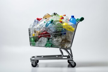 a supermarket cart full of plastic bottles and plastic garbage on white background