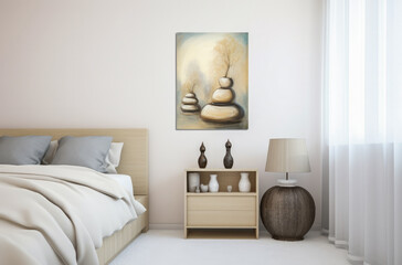 Serene Bedroom Interior with Abstract Wall Art and Earthy Decor Accents