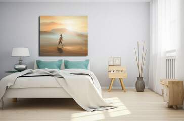 Fototapeta premium Serene Bedroom Interior with Abstract Wall Art and Earthy Decor Accents