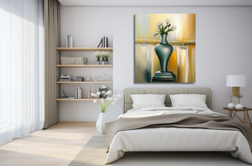 Fototapeta na wymiar Serene Bedroom Interior with Abstract Wall Art and Earthy Decor Accents